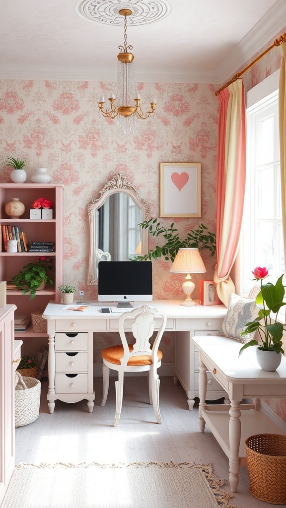 A stylish shabby chic office featuring pastel colors, floral wallpaper, and vintage furniture