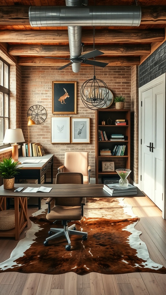 A rustic home office featuring a cowhide rug, wooden beams, and stylish decor.