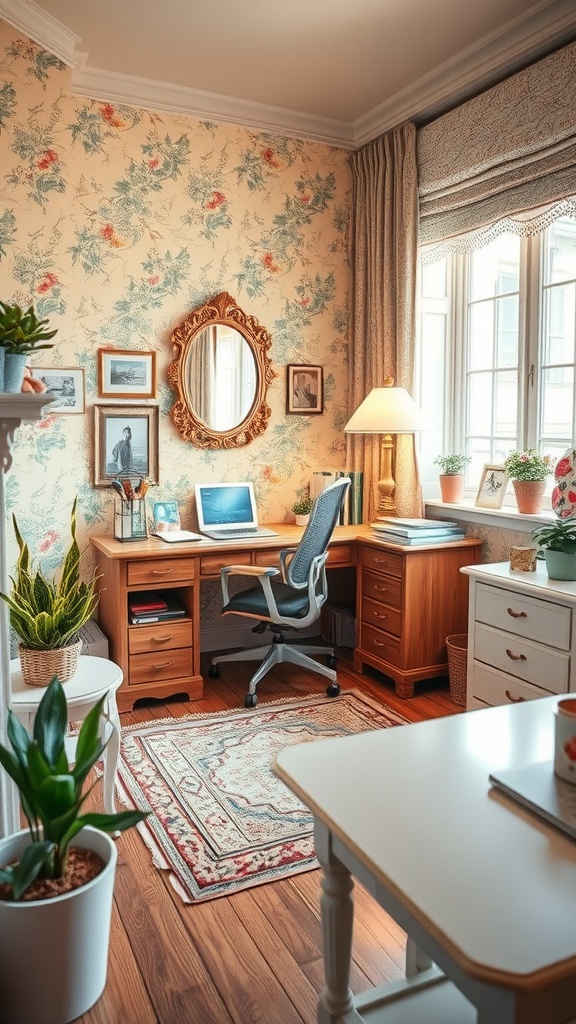 Cozy shabby chic office nook with floral wallpaper and wooden furniture