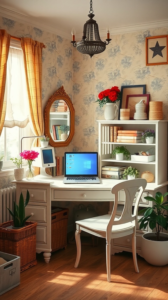 A cozy shabby chic office with a vintage desk, stylish curtains, and decorative plants.