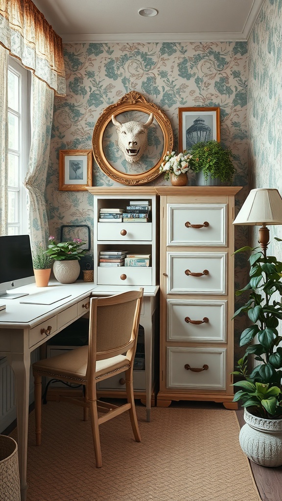 A cozy shabby chic office nook featuring stylish filing cabinets and vintage decor.