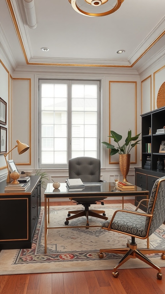 Chic glam office with black and gold accents, glass desk, and plush seating.