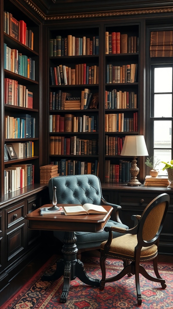 A chic library corner featuring wooden bookshelves filled with books, a stylish desk and chair, and a lamp, creating a cozy atmosphere.