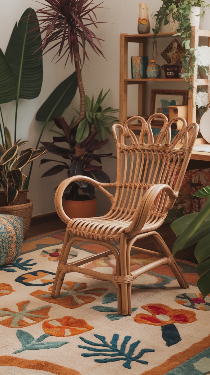 A stylish rattan chair on a colorful area rug surrounded by plants in a bohemian office space.