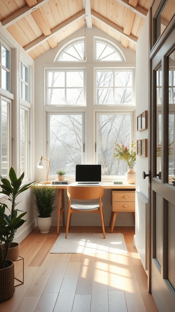 A bright Scandinavian sunroom featuring a desk, computer, and plants, designed for a cozy work atmosphere.