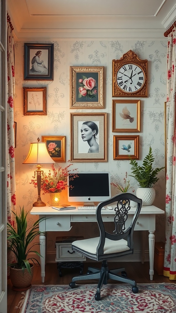 Cozy office nook with vintage frames on the wall, a stylish desk, and decorative plants.