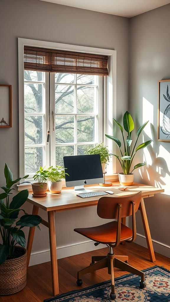 A bright and inviting home office with plants, a laptop on the desk, and a comfortable chair, ideal for online work.