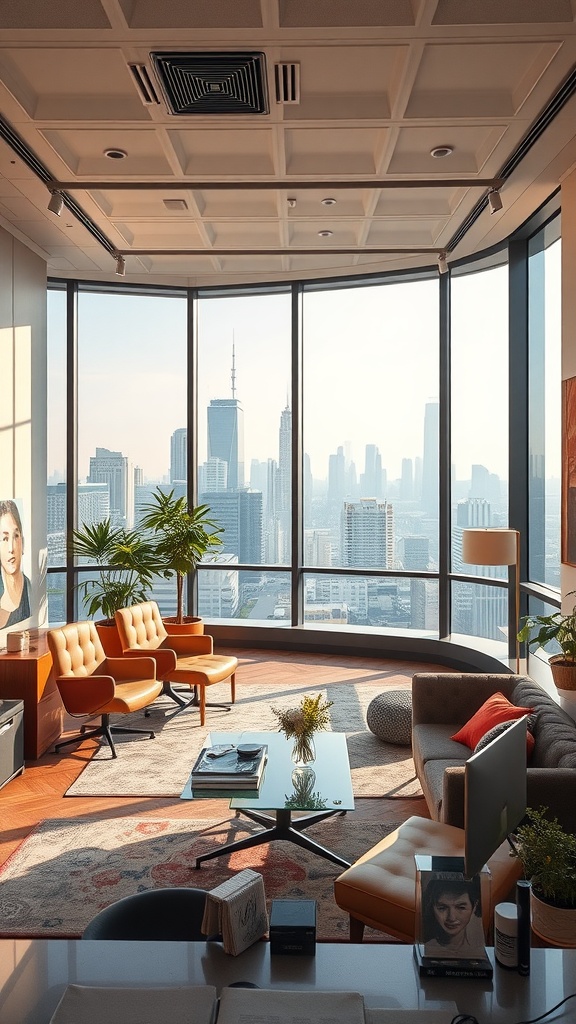 A modern office with large windows overlooking a city skyline, featuring stylish furniture and plants.