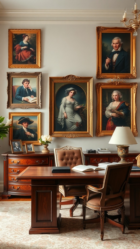 Classic artwork displayed in a gentleman's home office featuring elegant frames and rich wooden furniture.