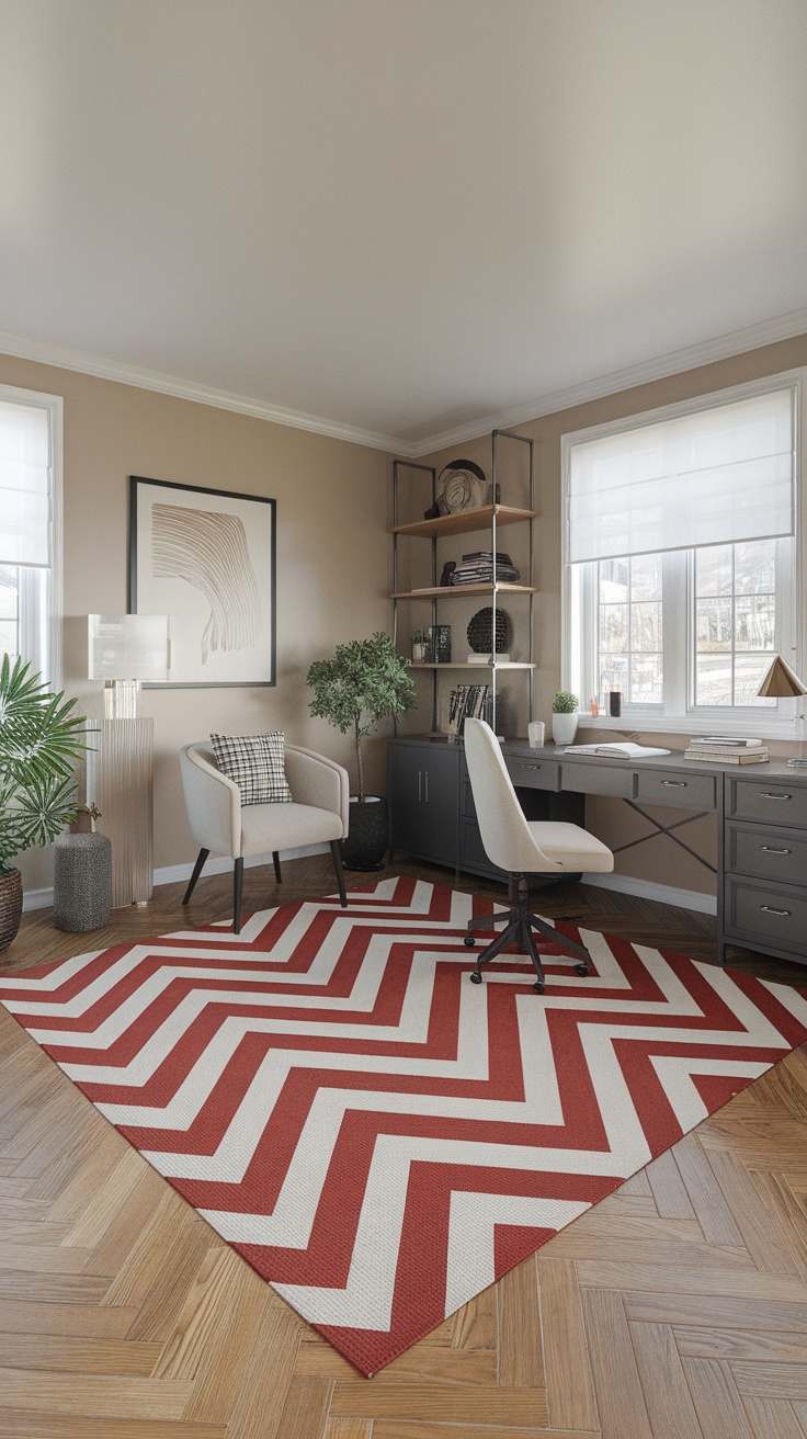 A home office featuring a classic red and neutral chevron rug under a desk, complemented by modern decor and natural elements.