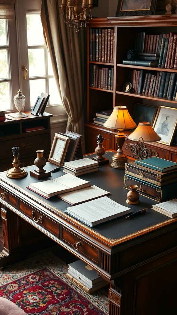 Classic gentleman home office with a wooden desk, vintage books, and elegant writing accessories.