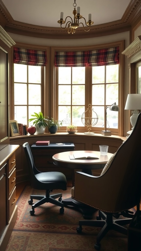 A classic writing nook featuring a wooden desk by large windows, adorned with plants and elegant decor.