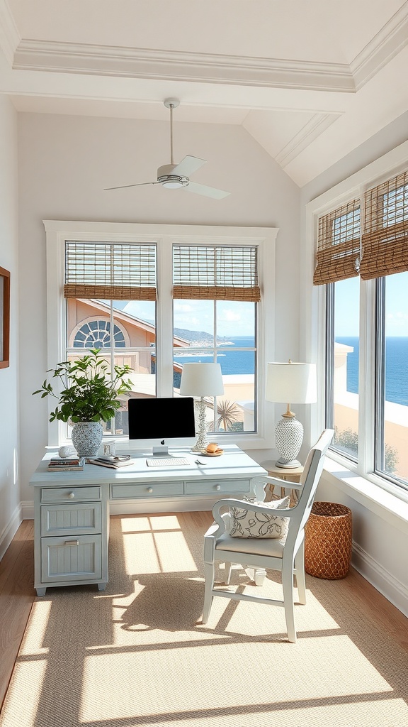 Coastal inspired sunroom office with ocean view, modern furniture, and natural light