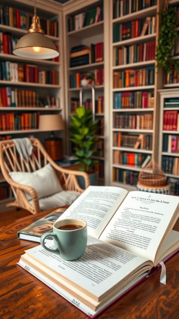 A cozy reading nook with an open book and a cup of coffee, showcasing a vintage library aesthetic.