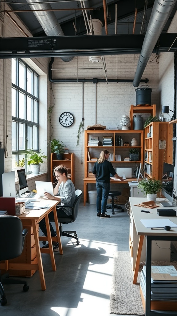 A collaborative workspace with people discussing ideas in an industrial office setting.