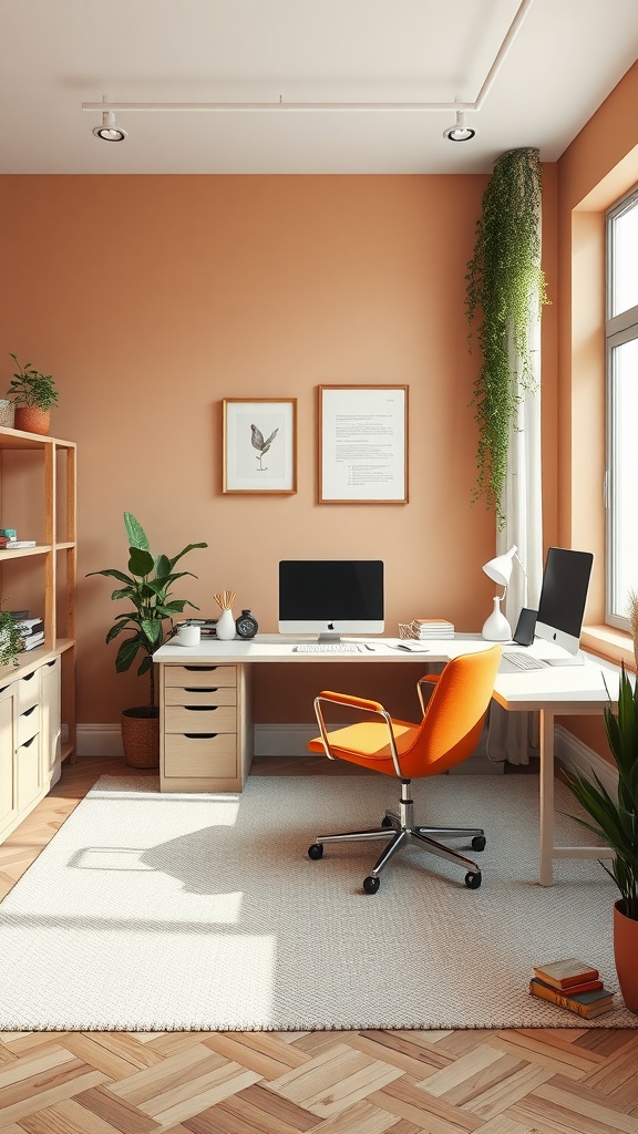 A small home office featuring warm orange walls, a stylish desk with computer, and an orange chair, complemented by plants for a fresh look.