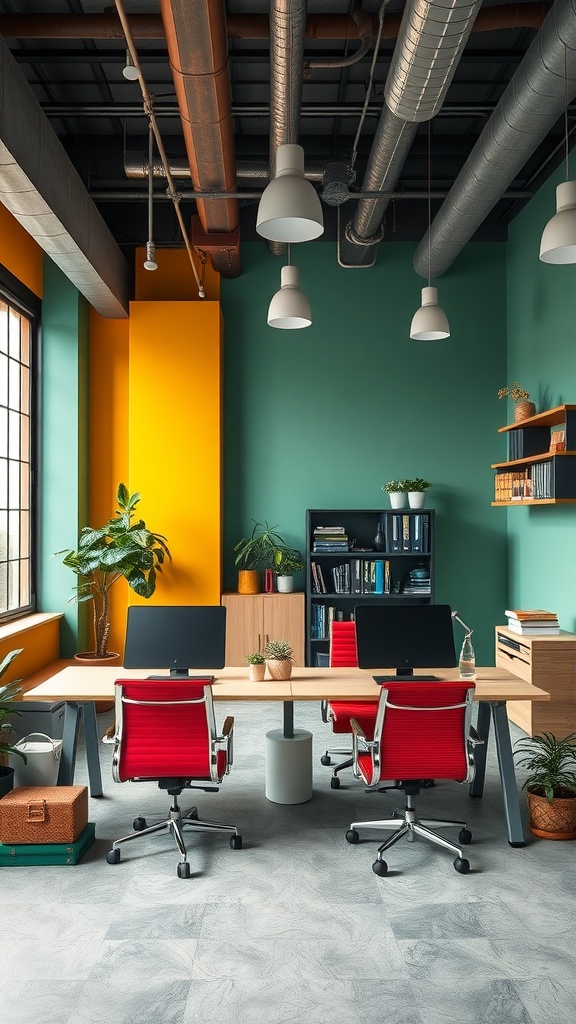 A modern industrial office space with vibrant teal and yellow walls, red chairs, and plants, creating a dynamic and inviting atmosphere.