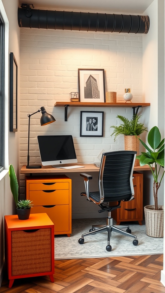 A bright and colorful industrial office design featuring various vibrant accent furniture pieces.