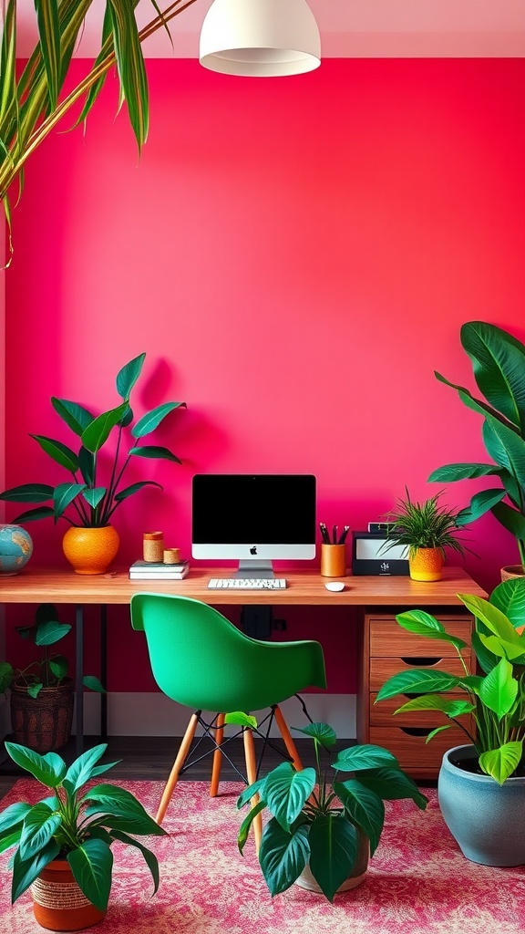 A bright pink accent wall in a cozy office space with a green chair, plants, and a wooden desk.