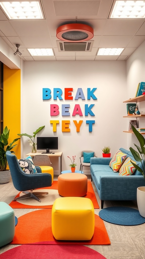 A bright and colorful break room featuring diverse seating options and playful decor.