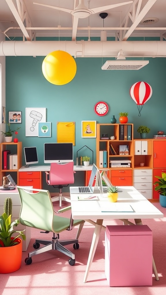 A colorful office space with teal walls, bright furniture, and playful decor.