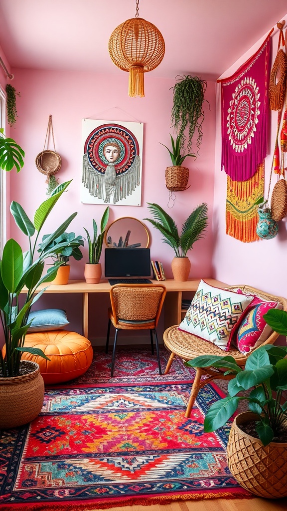 A colorful boho office nook with vibrant textiles, plants, and a cozy desk.