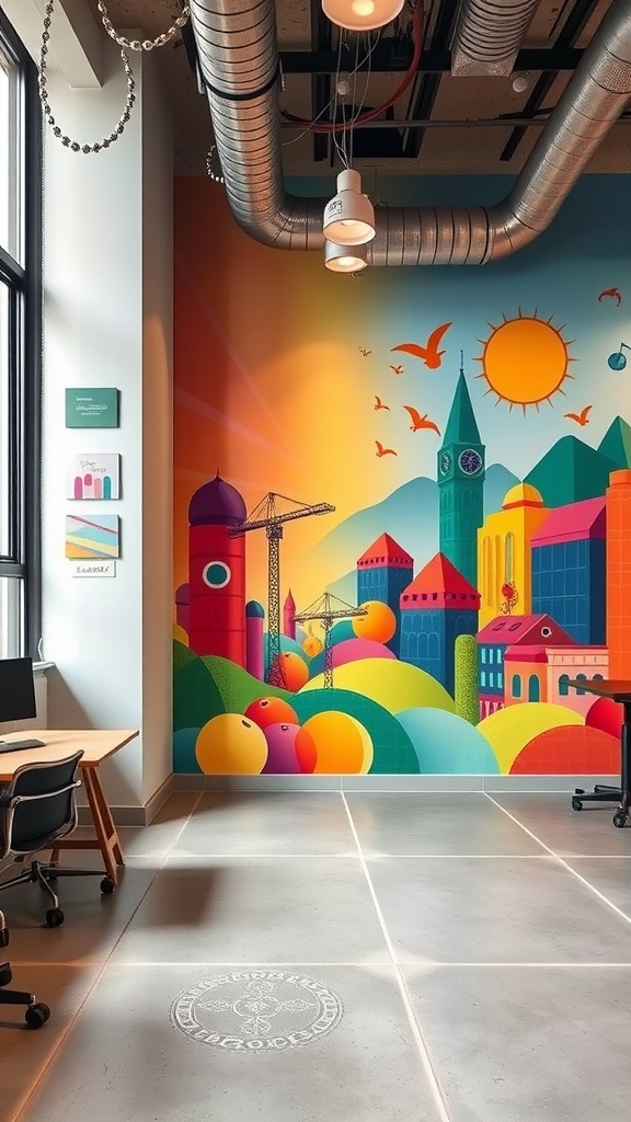 A colorful wall mural in an industrial office space, featuring a cityscape with vibrant colors and a man working at a small table.