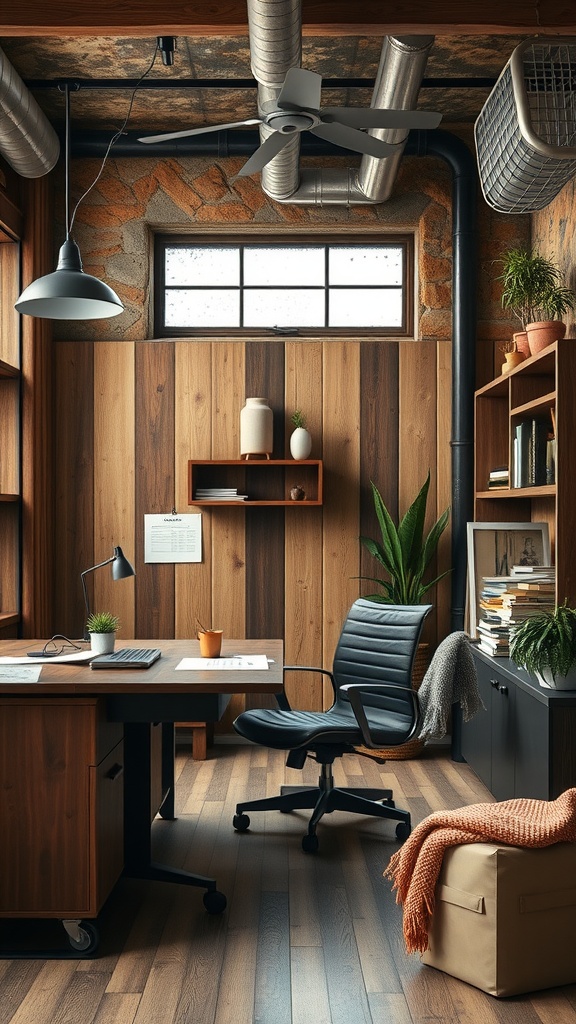 Rustic home office featuring wood paneling, metal elements, and cozy decor