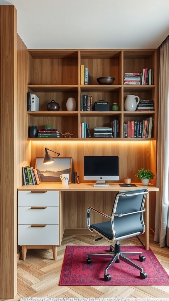 A cozy home office with a desk, chair, and plants.