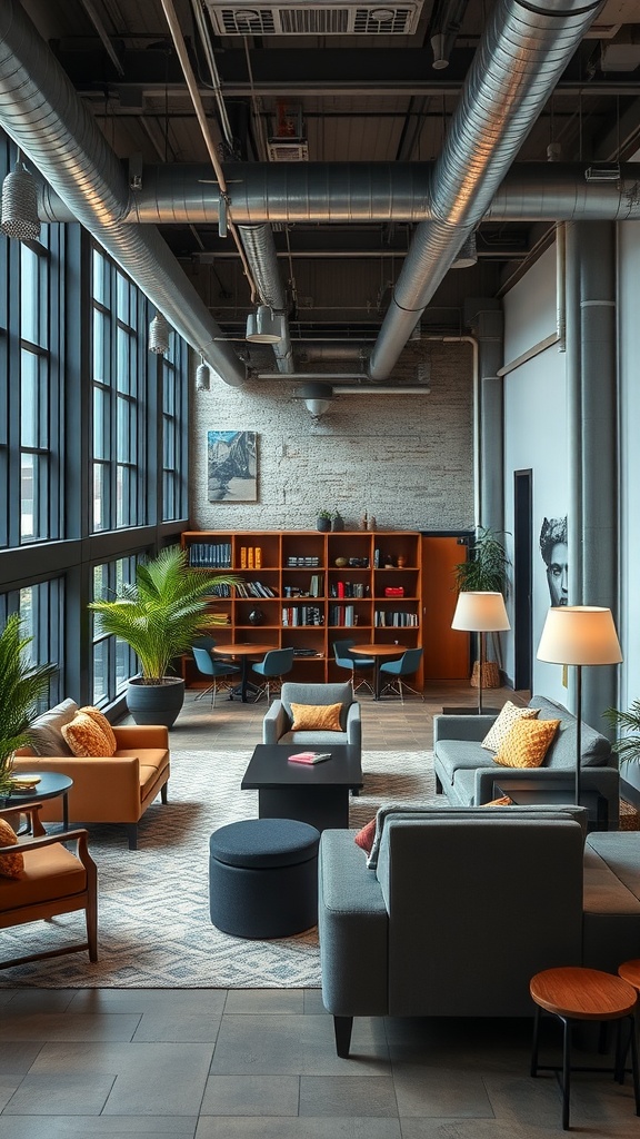 A comfortable lounge area in an industrial office featuring cozy seating, large windows, and plants.