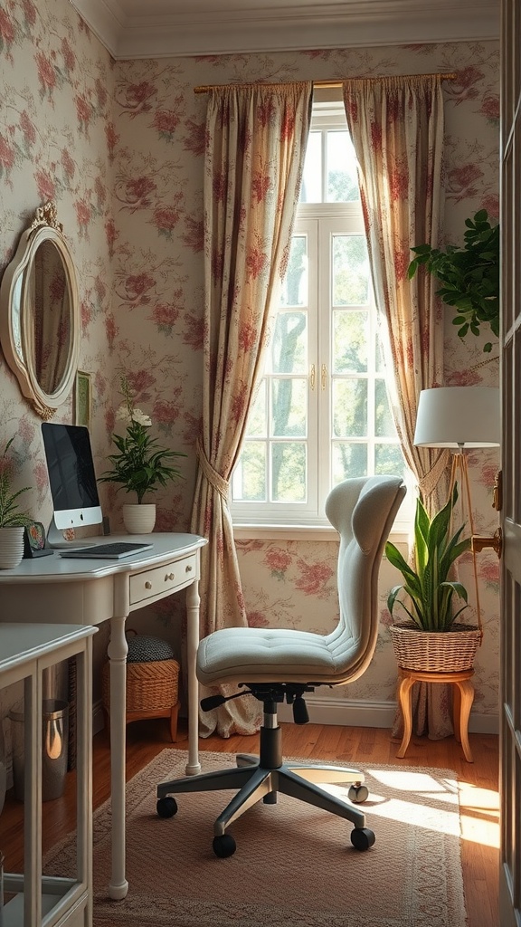 A cozy office nook featuring a stylish chair, floral wallpaper, and elegant curtains