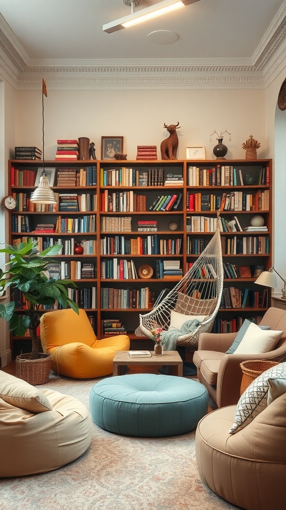 A cozy home library with comfortable seating options including bean bags, poufs, and a hanging chair, surrounded by bookshelves.