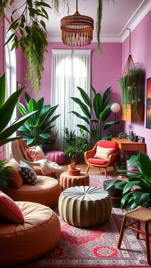 Vibrant boho office with cozy seating options, plush bean bags, circular poufs, and lush greenery.