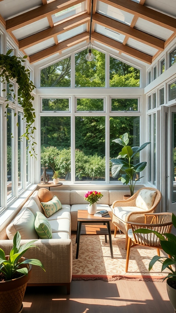 Cozy sofa area in a sunroom with large windows, plants, and a warm atmosphere.