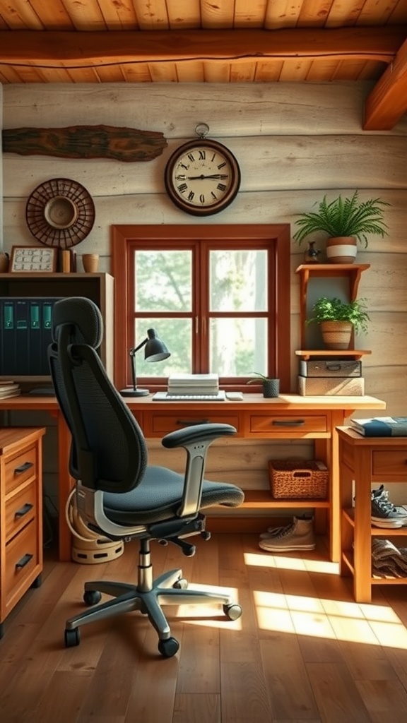 A cozy rustic office featuring a modern ergonomic chair, wooden furniture, and natural light.