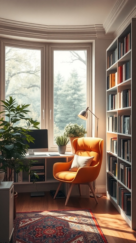 A cozy office space featuring a bright orange chair, bookshelves filled with books, a computer desk, and plants by the window.