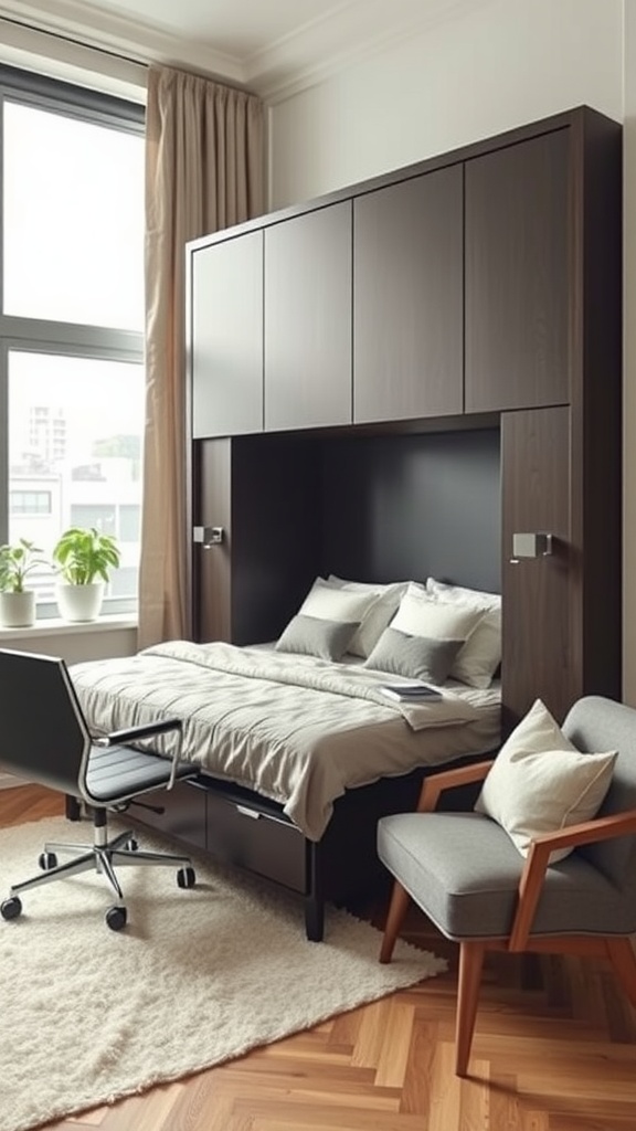 A stylish Murphy bed integrated into a modern home office design.