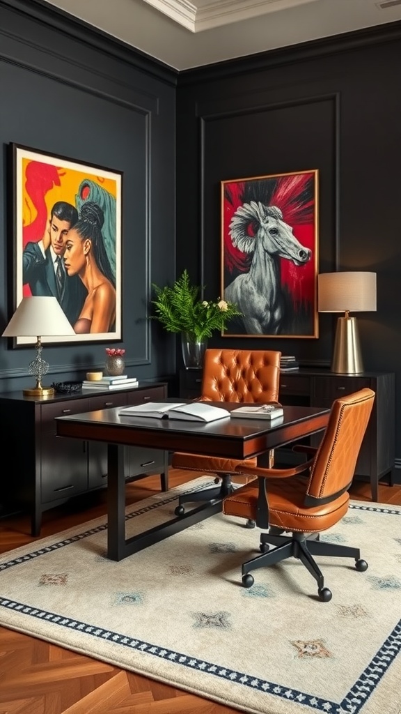 A stylish home office featuring contemporary art pieces, modern office furniture, and indoor plants.