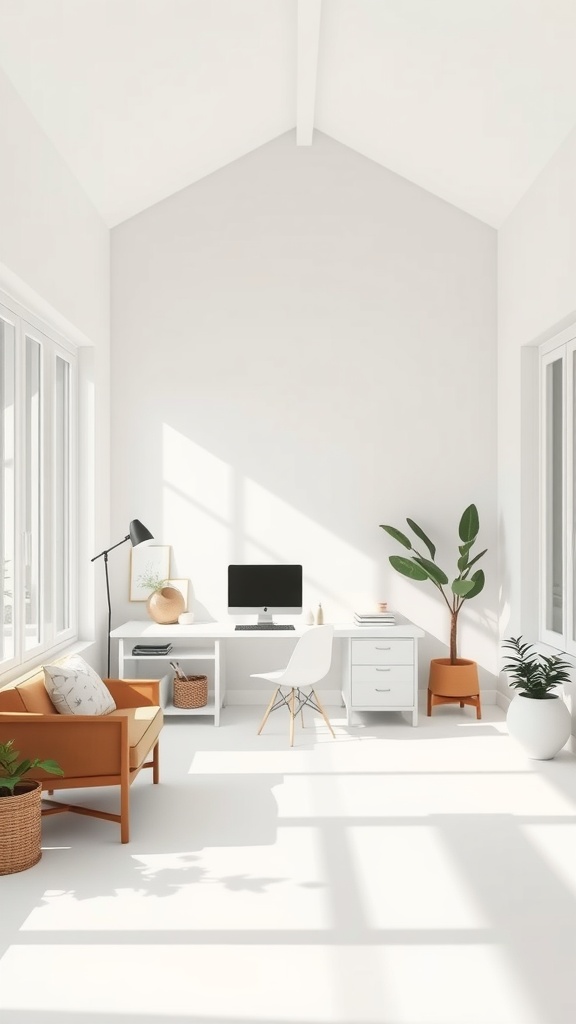 A contemporary minimalist sunroom designed as a home office with large windows, a cozy sofa, and a sleek desk.