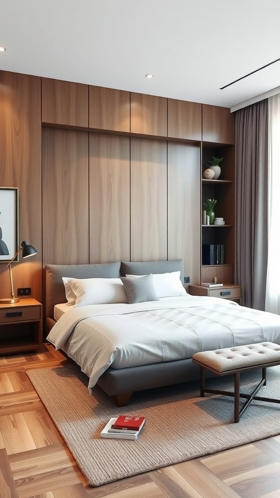 Contemporary Murphy bed integrated with wooden storage and shelves