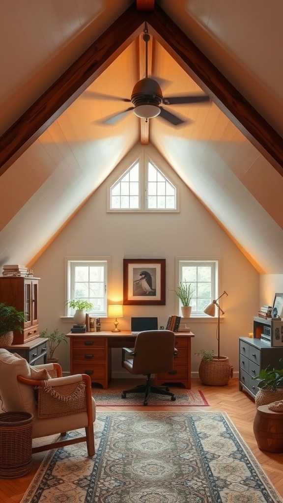 Cozy attic workspace with wooden beams and a warm color palette