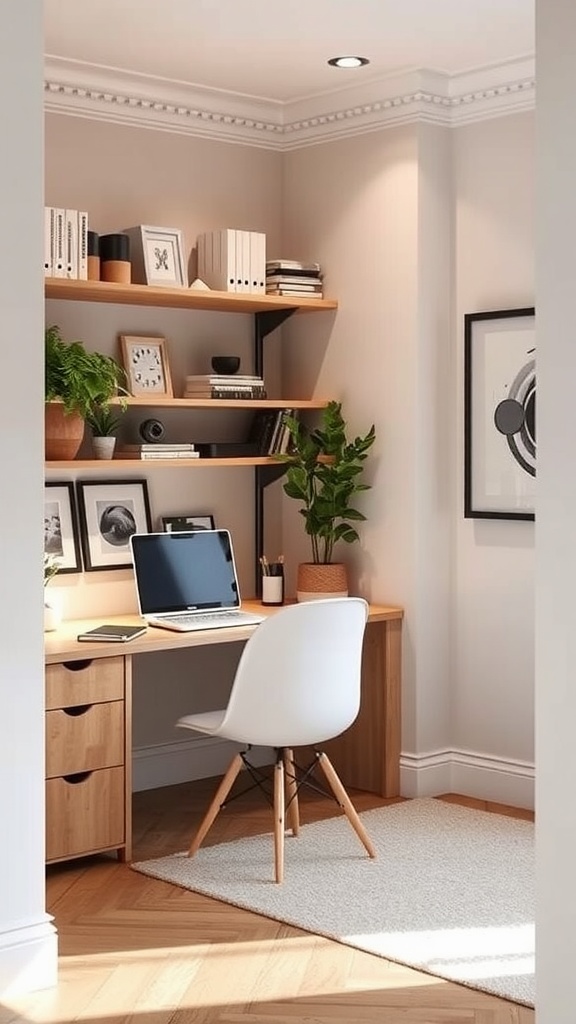 Cozy home office corner with a wooden desk, plants, and wall art