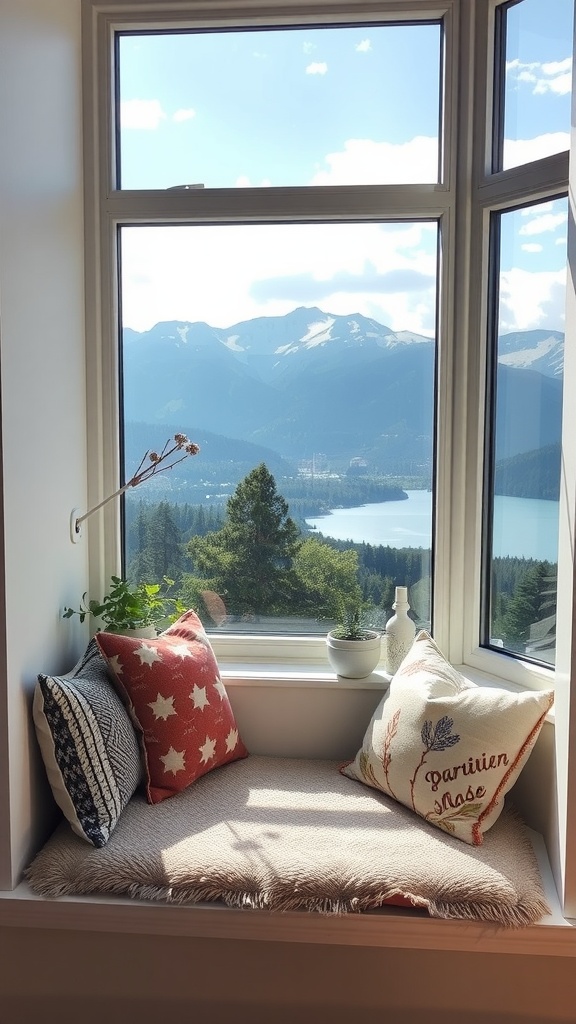 A cozy office nook with a view of rolling hills and a village through a large window.