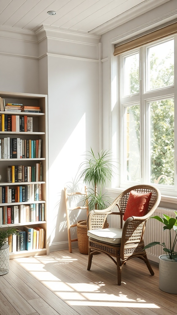 Cozy reading nook in a sunroom with a wicker chair and bookshelf