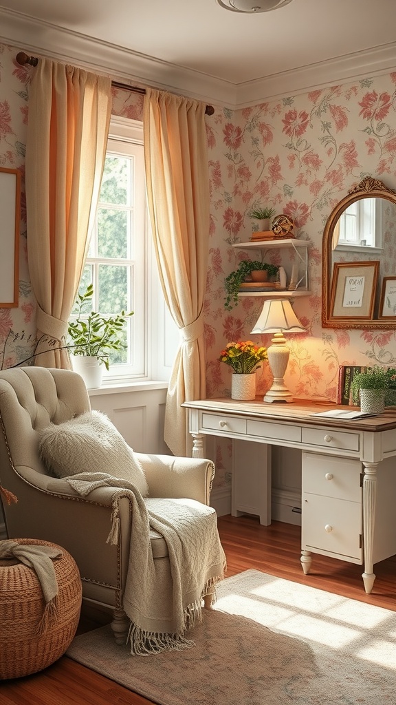 A cozy reading nook with a tufted chair, floral wallpaper, and soft curtains.