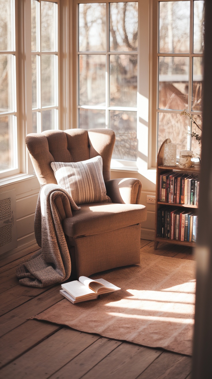 Cozy reading nook in a sunroom with a comfy chair, bookshelves, and plants