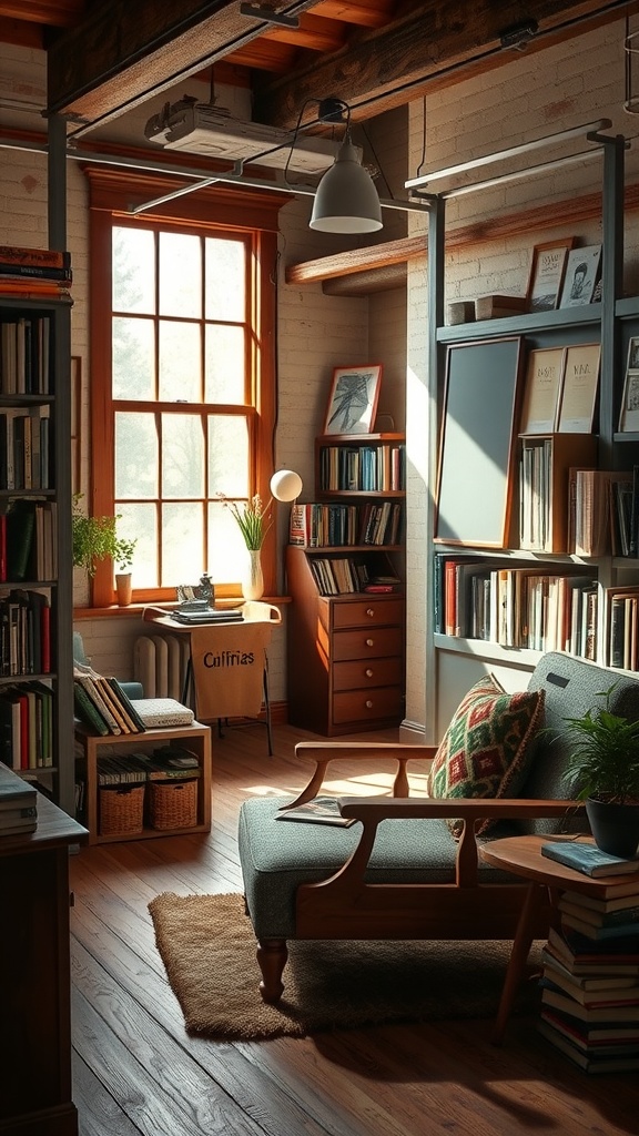 A cozy reading nook in a rustic office, featuring a comfortable chair, a coffee table, bookshelves, and natural light from a large window.