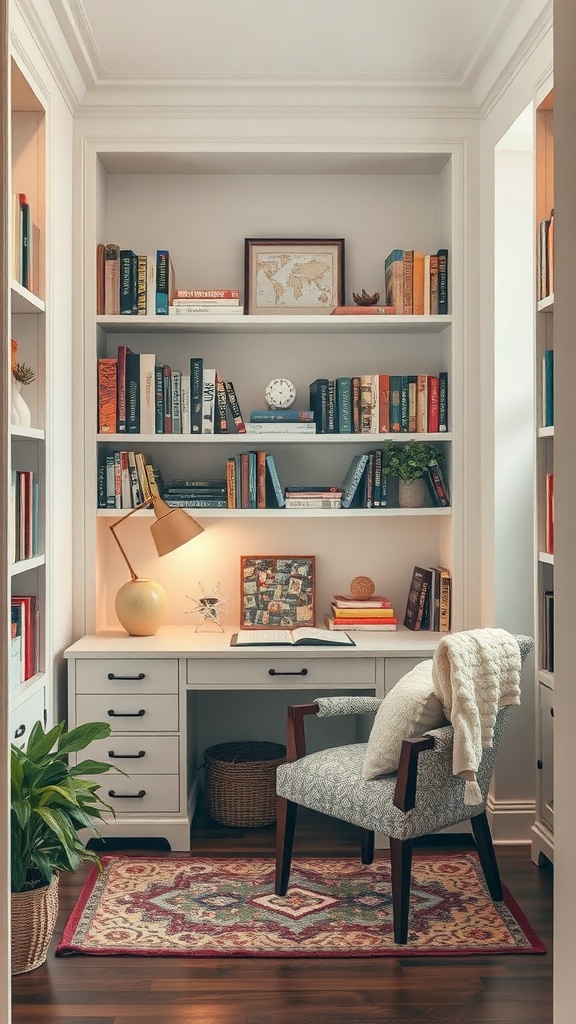 Cozy reading nook with a desk, natural light, bookshelves, and a modern chair