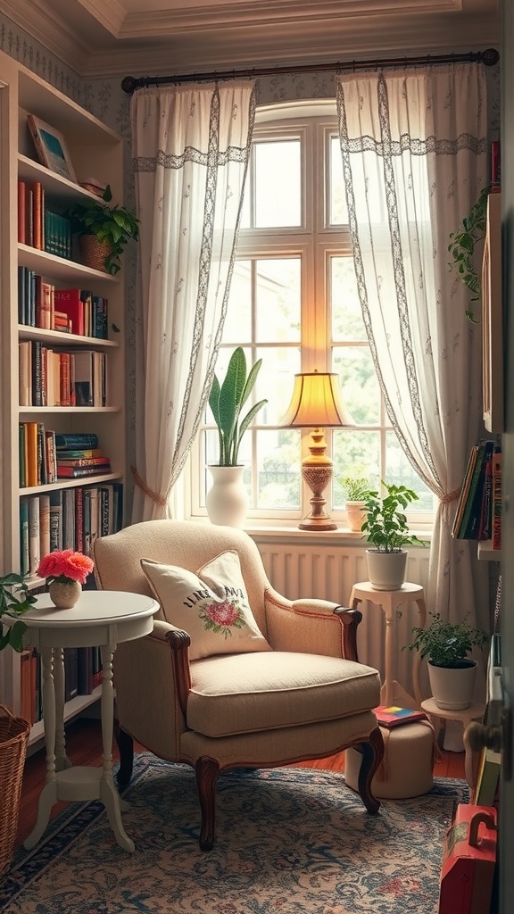 Cozy reading nook with a soft armchair, window with lace curtains, and a bookshelf filled with books.