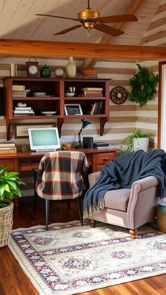 A rustic office space featuring two cozy chairs with throw blankets, a wooden desk, and bookshelves filled with books.